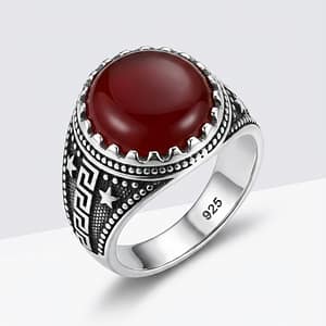 925 Italian Silver Men's Ring with Round Red Agate Stone and Star and Greek Key Side Pattern