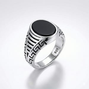 925 Italian Silver Men's Ring with Flat Oval Black Onyx and Modern Ladder Cutout Side Design