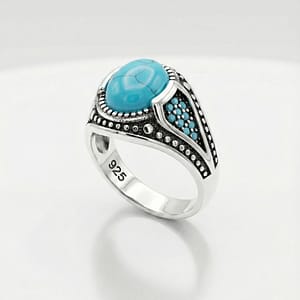 925 Italian Silver Men's Ring with Oval Turquoise Firoza Stone and Blue Zircon Side Accents
