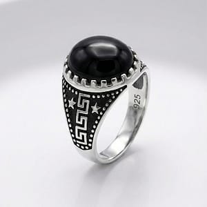 925 Italian Silver Men's Ring with Flat Oval Black Onyx and Modern Ladder Cutout Side Design