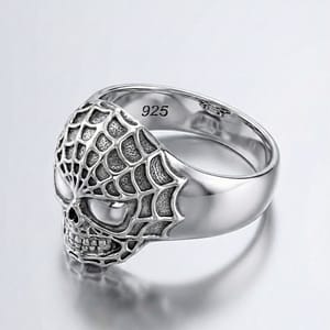 925 Italian Silver Men's Skull Ring with Intricate Spiderweb Design and Oxidized Finish