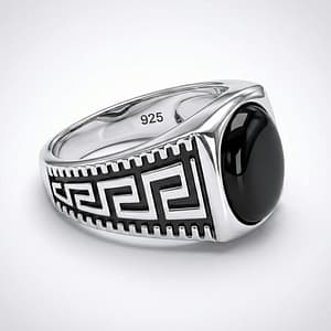 Side view of 925 Italian Silver Men's Ring with Oval Black Onyx and Greek Key Pattern