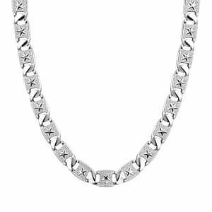 A high-quality 925 Sterling Silver chain featuring flat oval links with a textured surface and an embossed five-pointed star in the center of each link, connected by smooth polished circular rings against a white background.