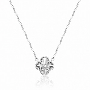 A premium 925 sterling silver necklace featuring a four-leaf clover pendant with a high-polish silver finish. The pendant displays a sunburst-etched texture and a delicate beaded border, suspended from a fine silver link chain, shown against a solid white background