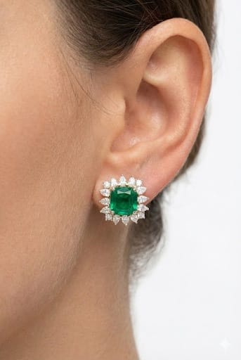 img_0200 Emerald Green Cushion-Cut Halo Earrings with Italian Silver Settings & Omega Back - Image 2