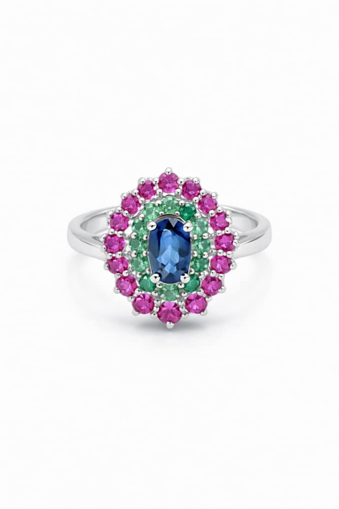 925-silver-blue-sapphire-emerald-halo-ring 925 Sterling Silver Women's Ring with Oval Blue Sapphire Centerpiece and Double Halo of Green Emerald and Pink Zircon Stones