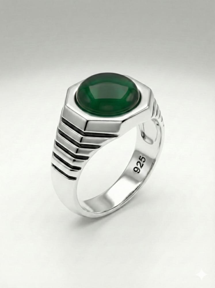 925-silver-green-agate-hexagonal-ring 925 Italian Silver Men's Ring with Round Green Agate Stone in Hexagonal Setting