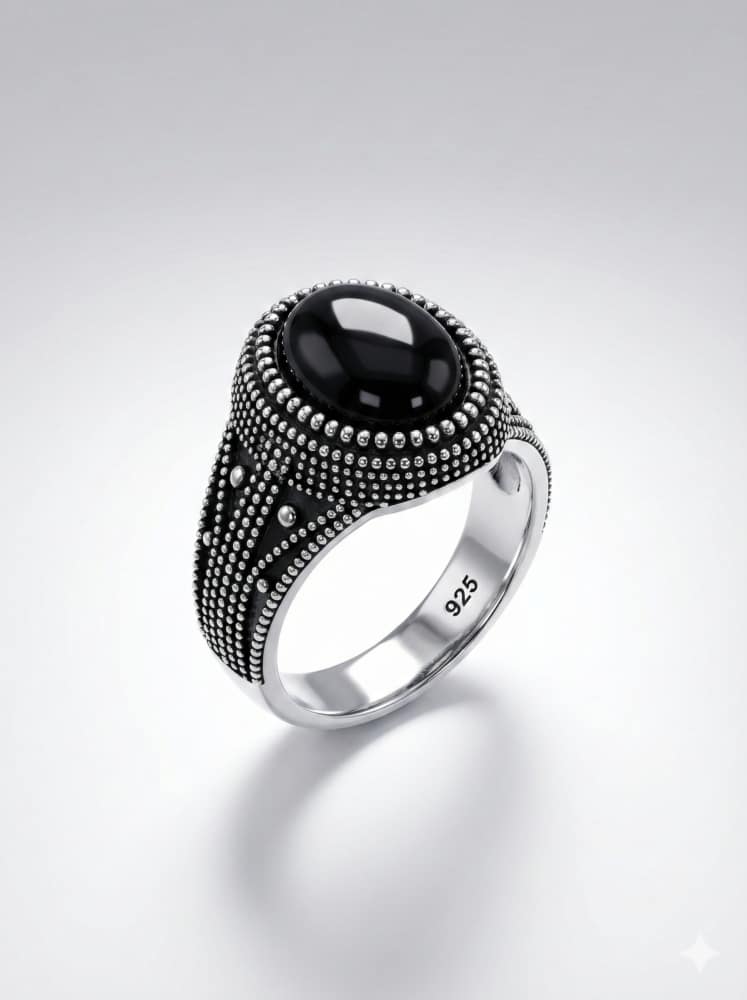 925-silver-round-black-onyx-beaded-ring 925 Italian Silver Men's Ring with Round Black Onyx and Beaded Border Design