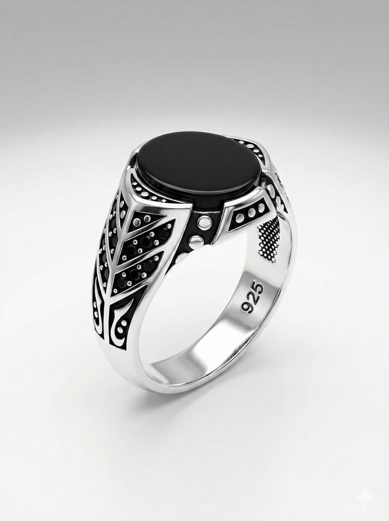 925 Italian Silver Men's Ring with Round Black Onyx Stone