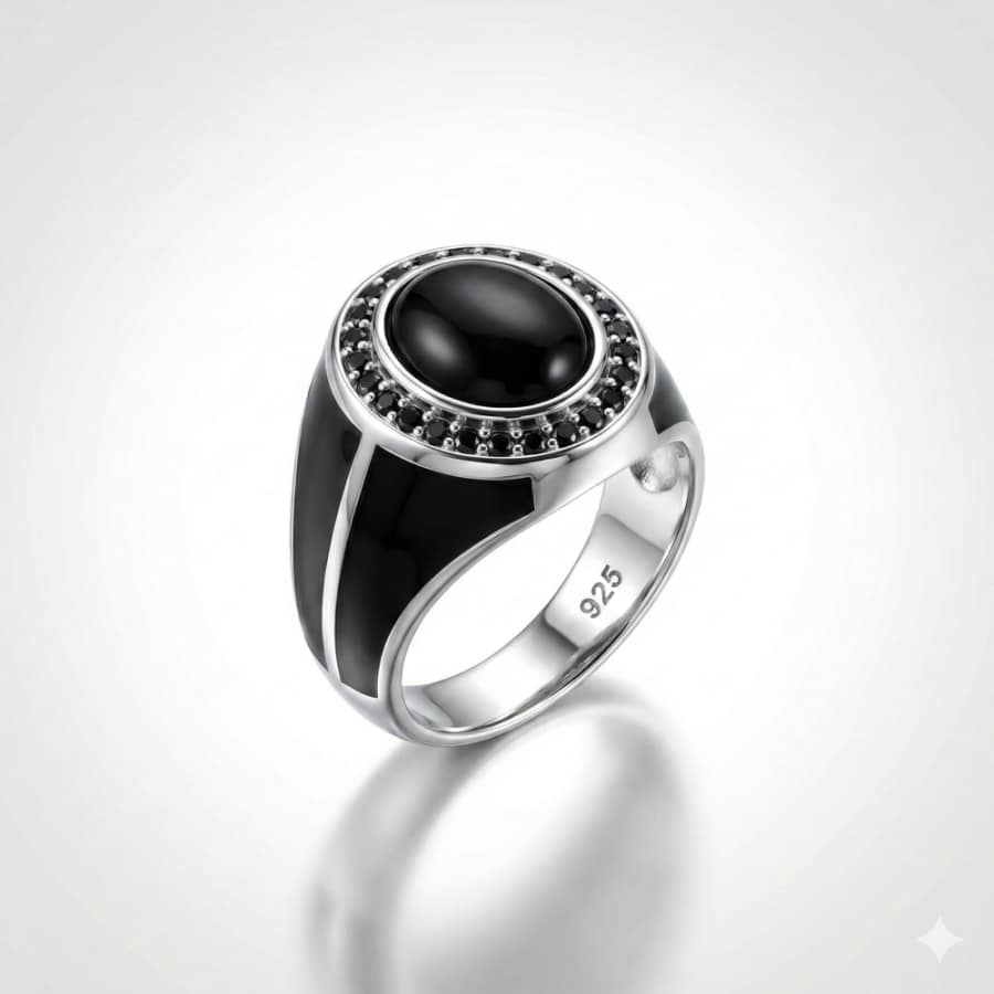 925-silver-black-onyx-zircon-halo-ring 925 Italian Silver Men's Ring with Oval Black Onyx Stone and Zircon Halo Accents